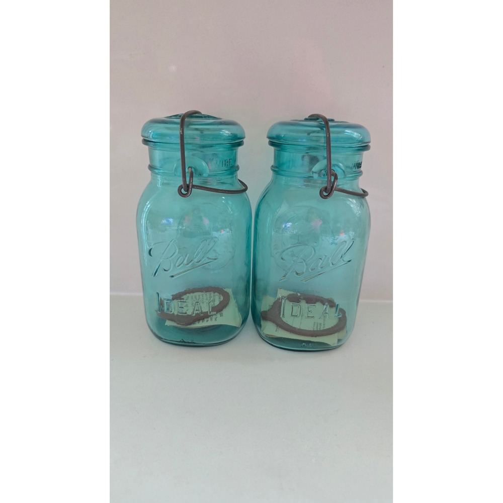 Ball Ideal Bicentennial Aqua Blue Glass Jars Wire Bail Set of 2 1776-1976